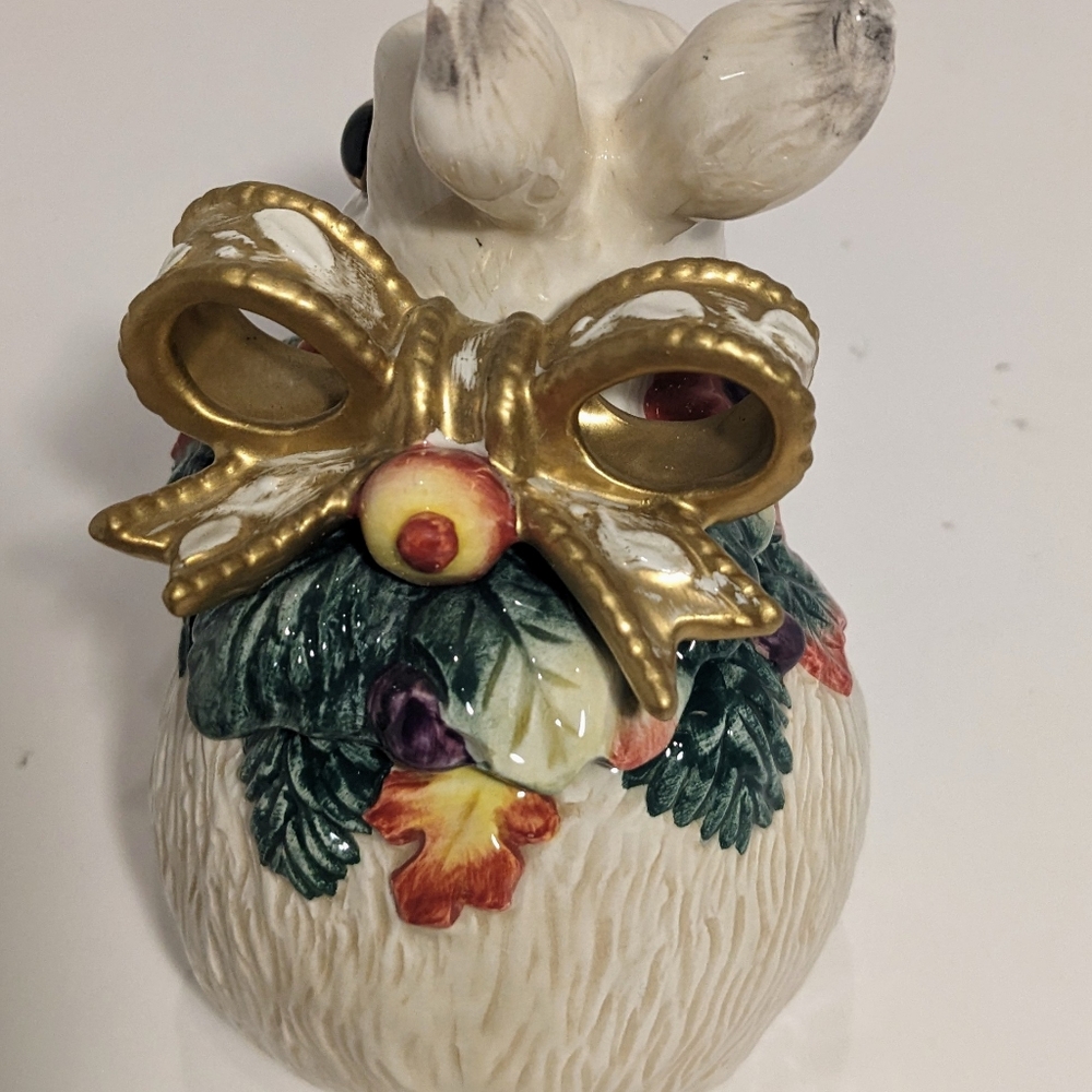 Fitz And Floyd Classics White Bunny Rabbit Trinket Dish W/Lid Gold Bow Greenery - Picture 6 of 11